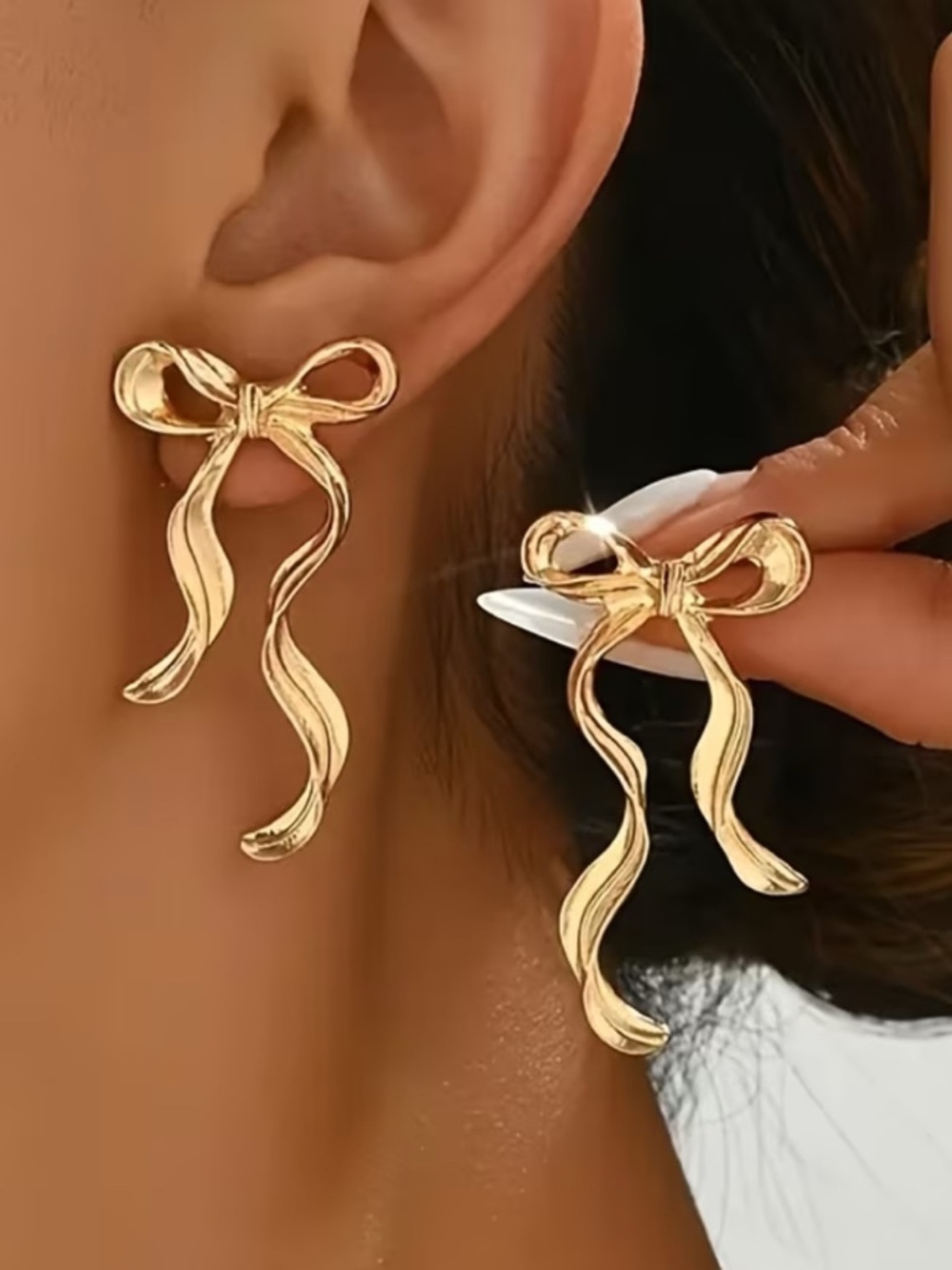 Gold Ribbon Bow Drop Earrings - Elegant Women’s Jewelry